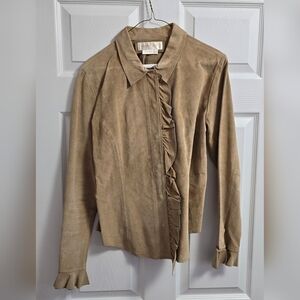 Margaret Godfrey Leather Shirt Jacket Womens Size 12 Tan Ruffle Snap Button